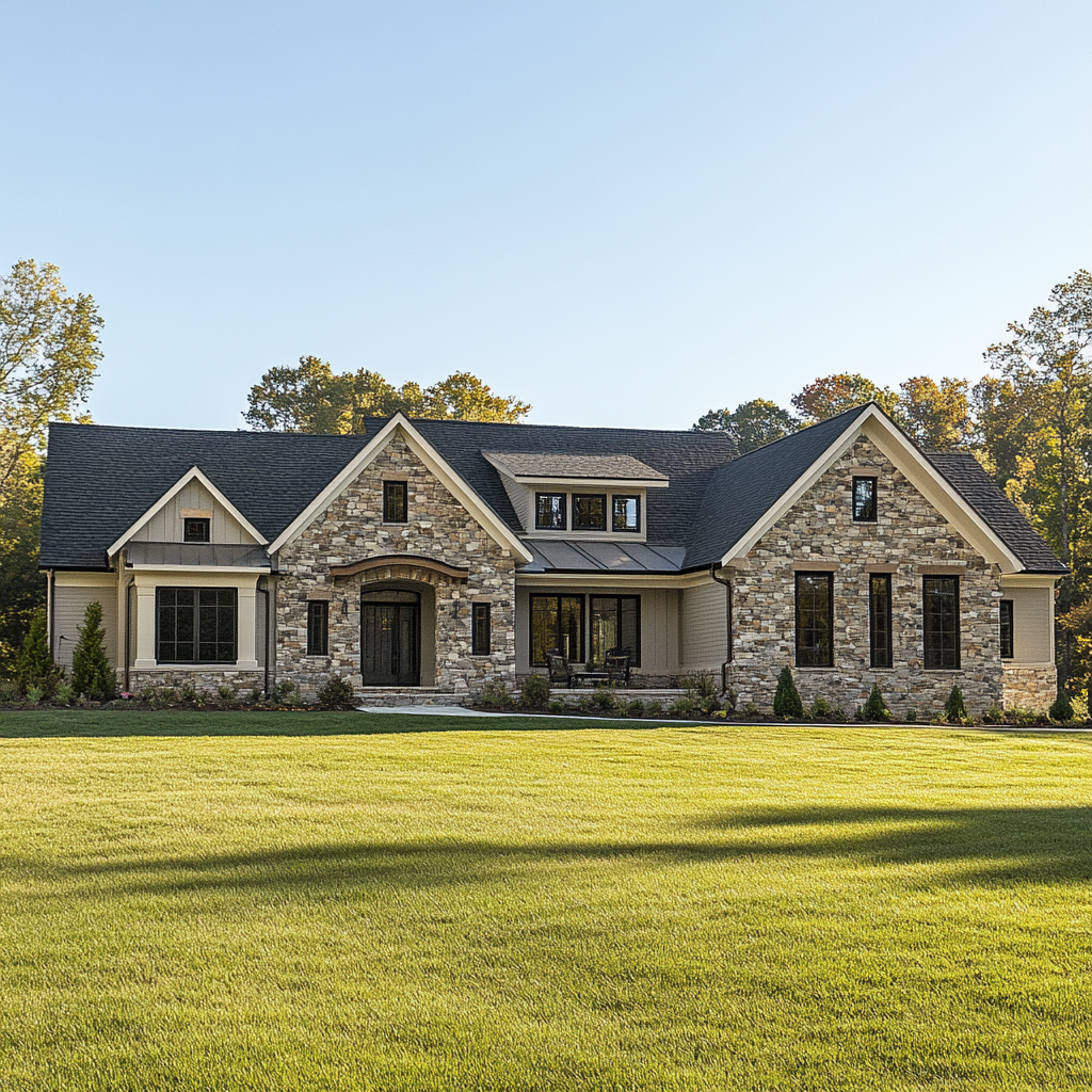 Large stone house with a manicured lawn and trees in the background