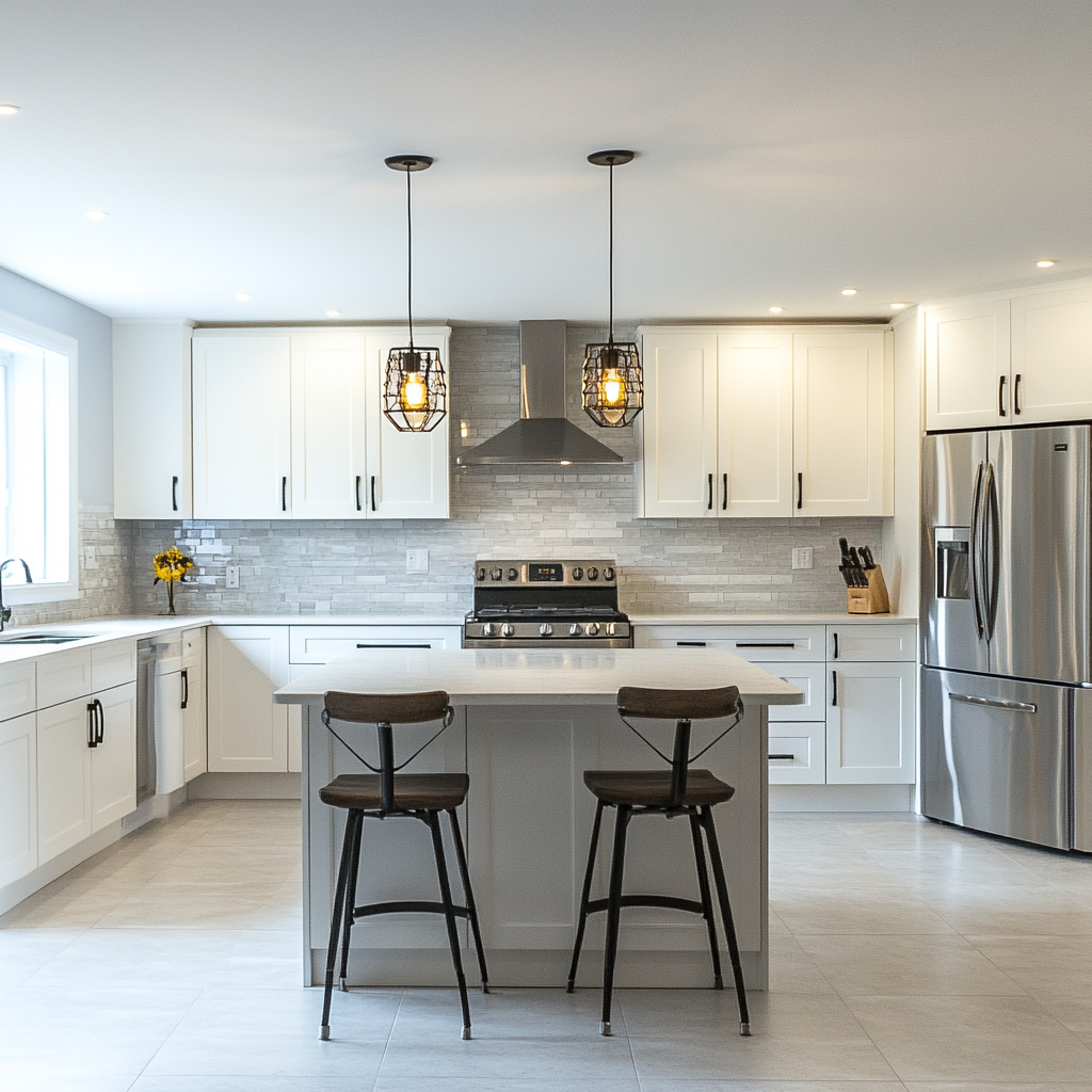 Modern white kitchen with island, pendant lights, stainless steel appliances, and two stools