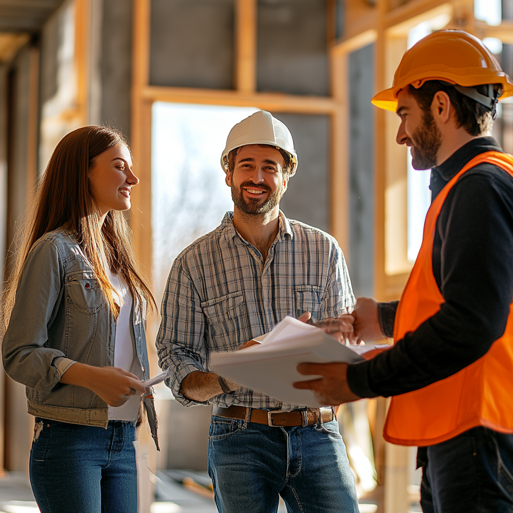 Three construction workers wearing hard hats reviewing plans at a building site