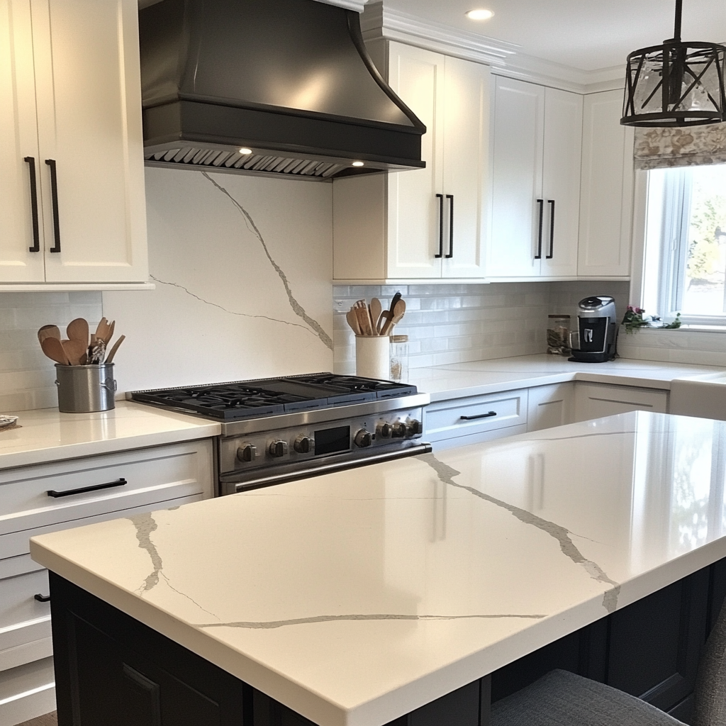 Modern kitchen with white cabinets, black range hood, and a large island with veined white countertop