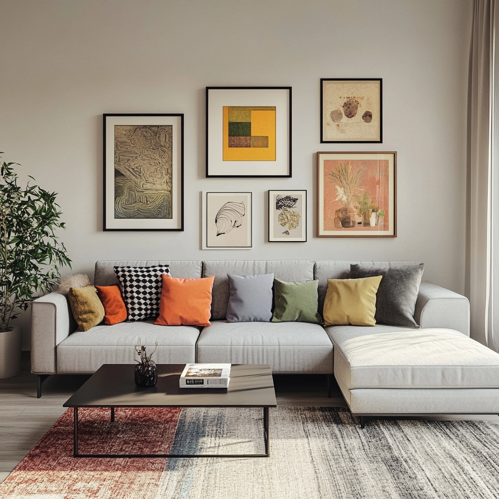 Modern living room with a gray sectional sofa, colorful pillows, framed wall art, and a black coffee table