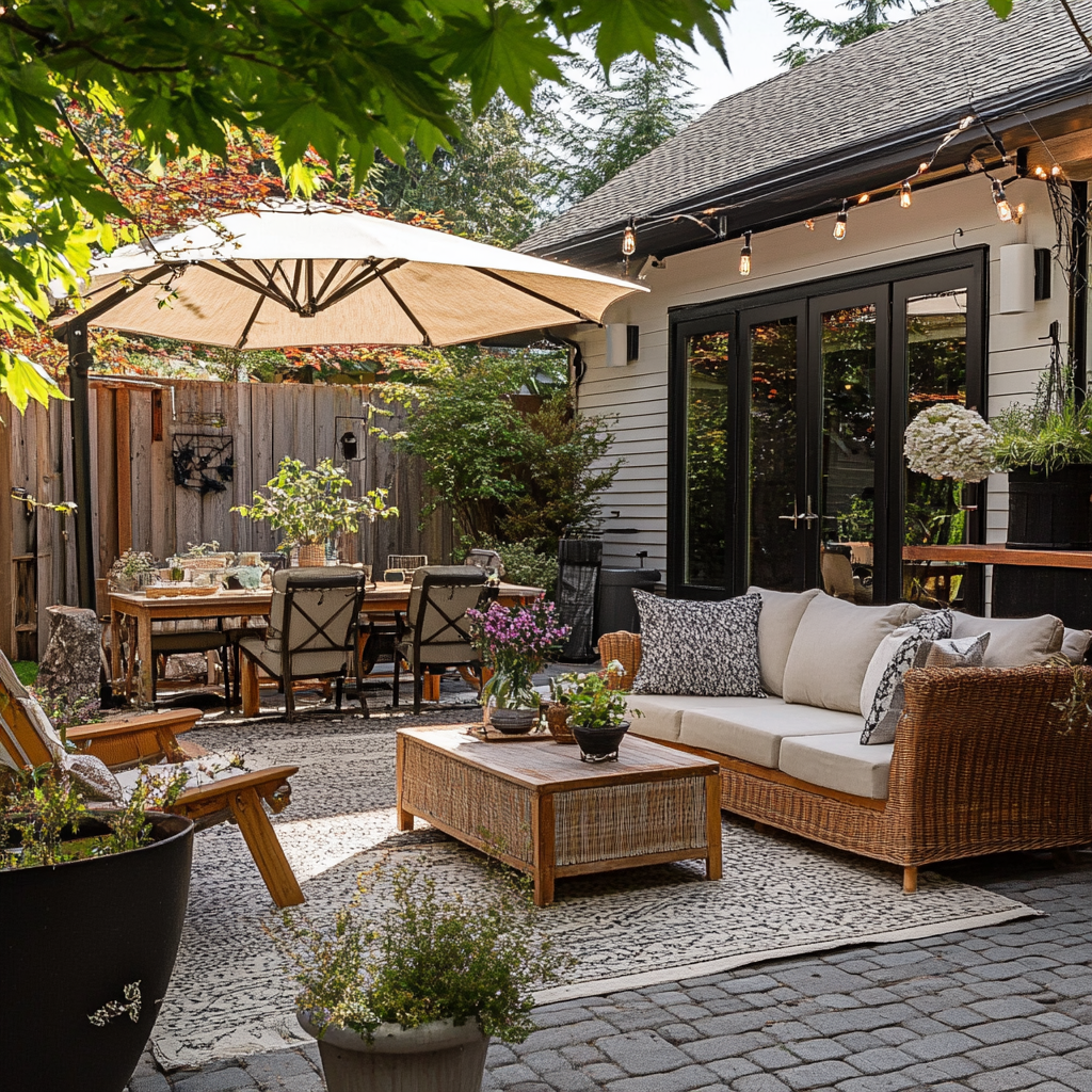 Outdoor patio with wicker seating, dining table, umbrella, and string lights beside a house