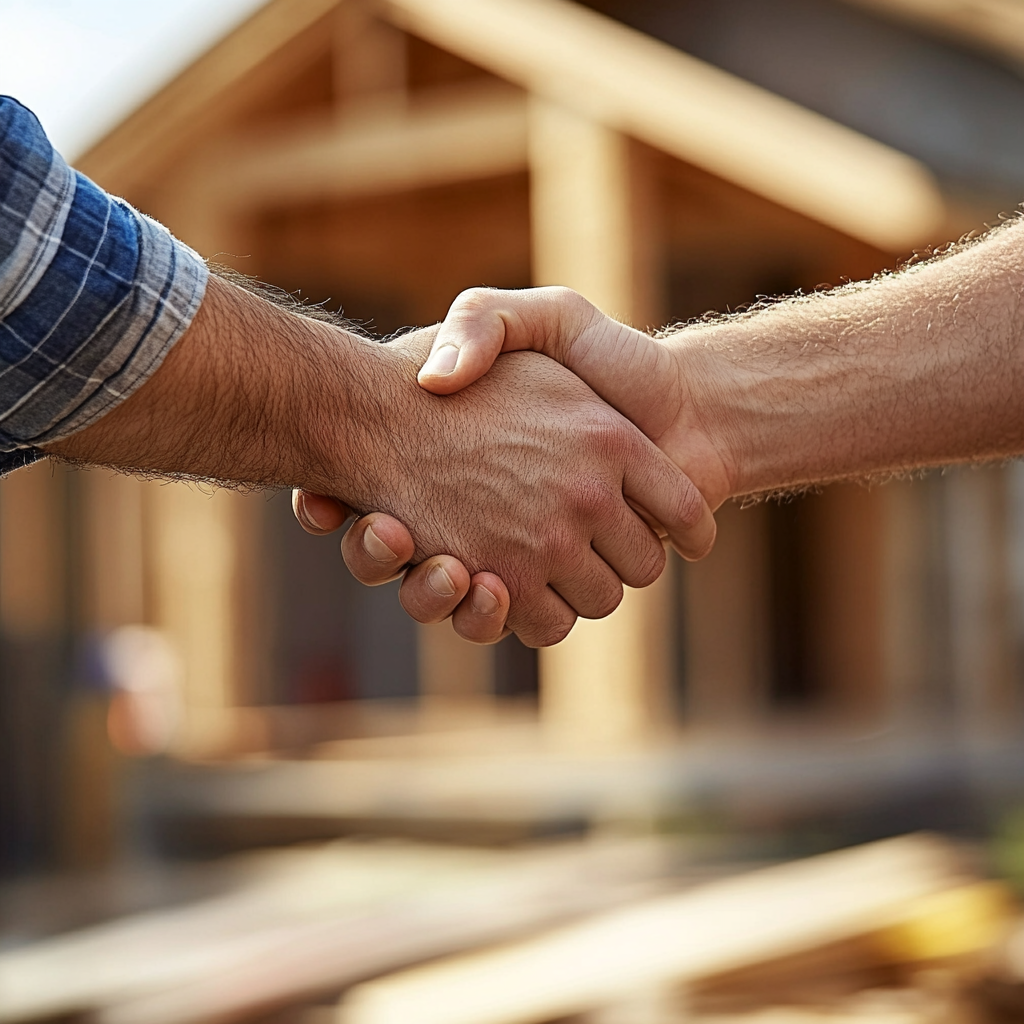 Handshake between two people in front of a house under construction