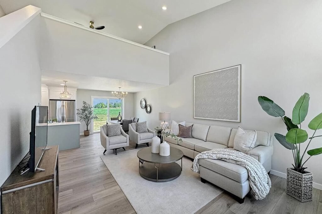 Bright open-concept living room with beige sectional, two armchairs, coffee table, and kitchen in the background