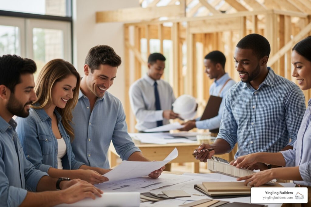 Construction team reviewing house plans at a building site