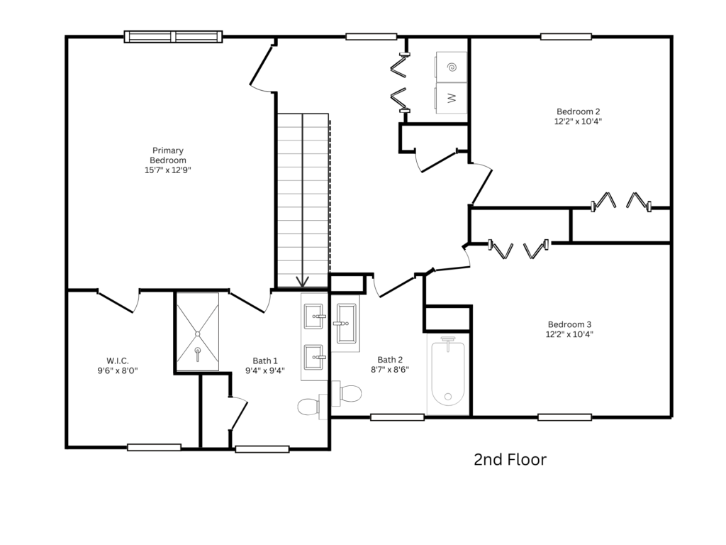 Second-floor floor plan with primary bedroom, two bedrooms, two baths, and a walk-in closet