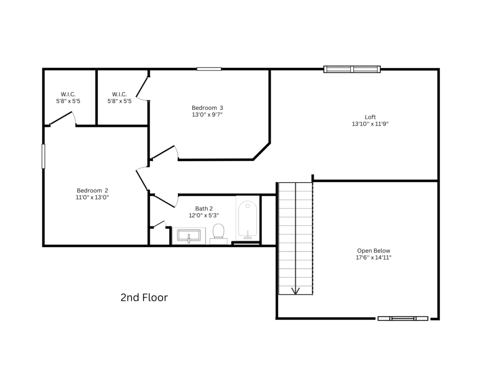 Second-floor floor plan showing Bedroom 2, Bedroom 3, two walk-in closets, Bath 2, a loft, and an open-to-below area with stairs