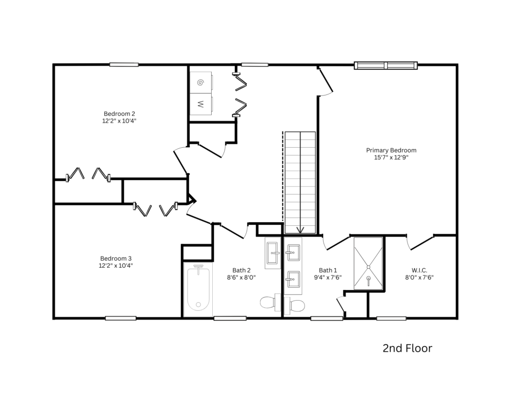 Second-floor floor plan with three bedrooms, two bathrooms, and a walk-in closet around a central stairway