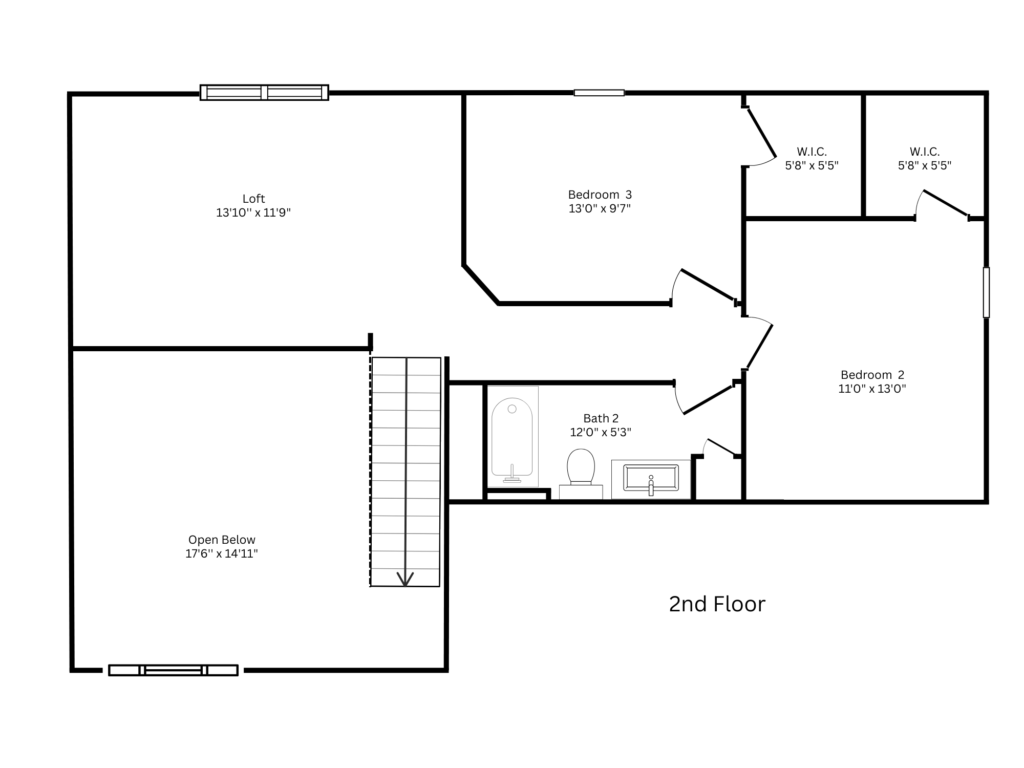 Second-floor floor plan with loft, open below, Bedroom 2, Bedroom 3, and Bath 2, plus two walk-in closets