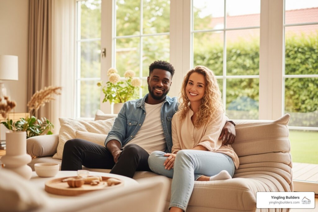 Happy couple sitting on a sofa in a bright living room