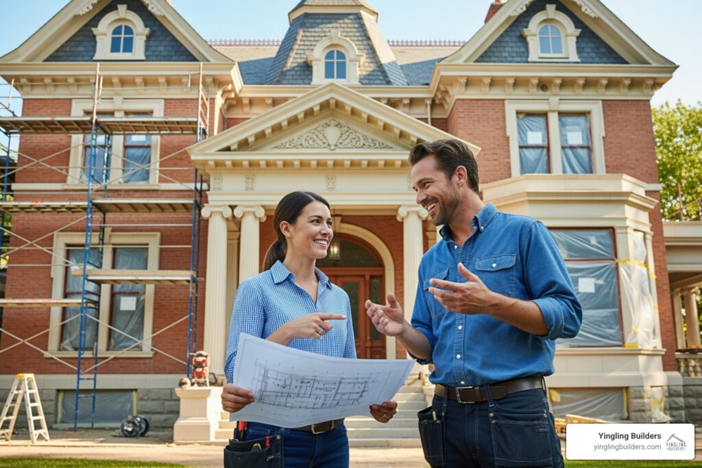 Two builders discussing house plans in front of a historic home under renovation