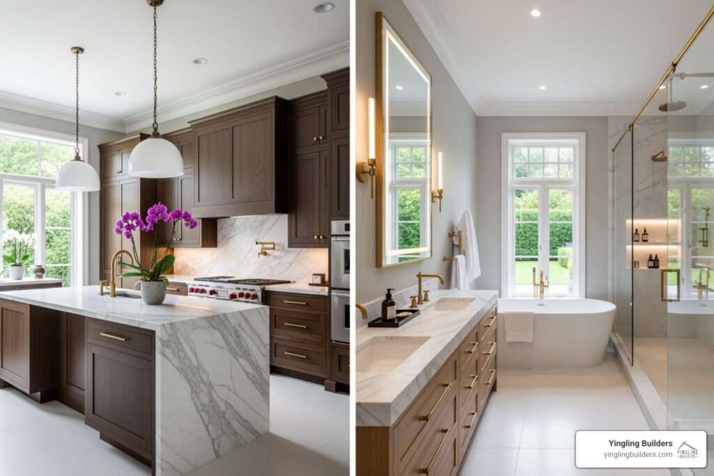Luxury kitchen and bathroom interiors with marble finishes, dark wood cabinetry, and brass fixtures