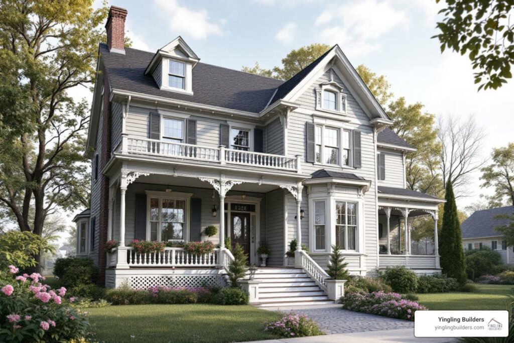 Large gray Victorian-style house with a front porch, balcony, and landscaped yard