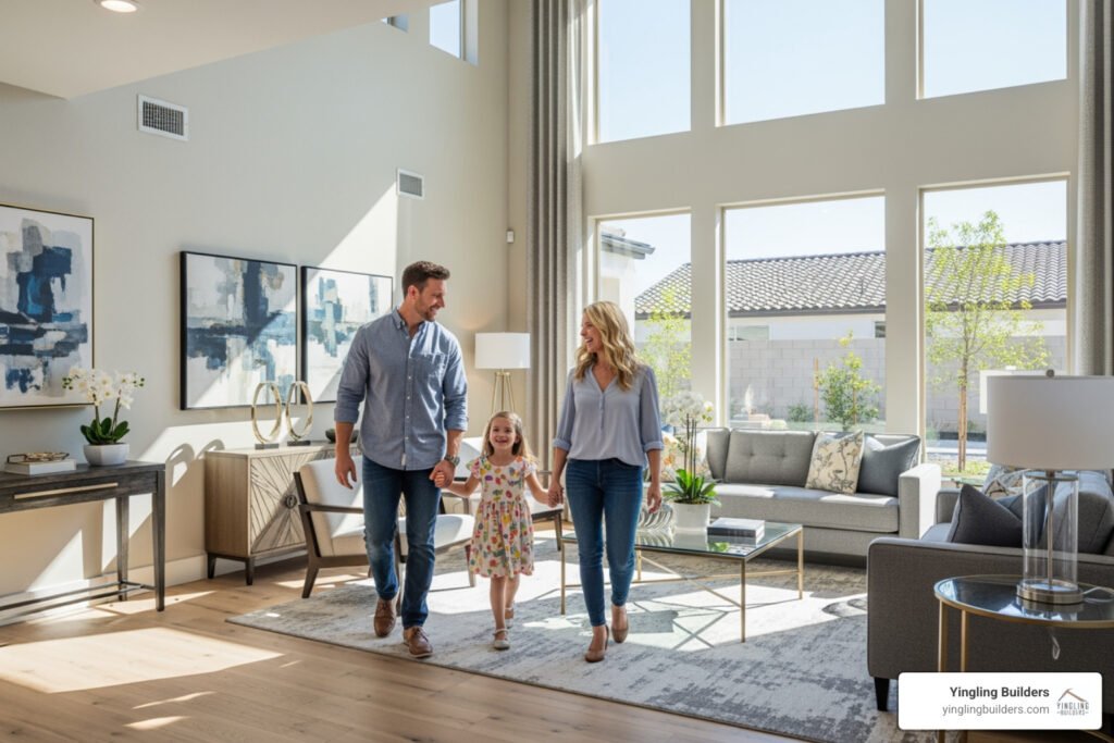 Family walking through a bright modern living room in a new home