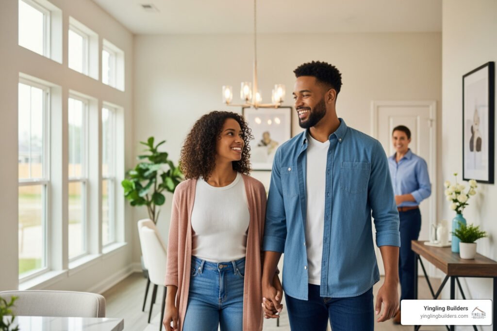 Couple touring a bright home with a real estate agent in the background