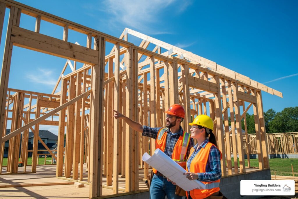 Construction workers reviewing house framing plans at a building site