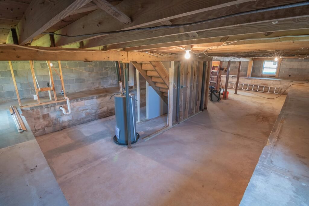 Unfinished basement with exposed beams, stairs, and utility equipment