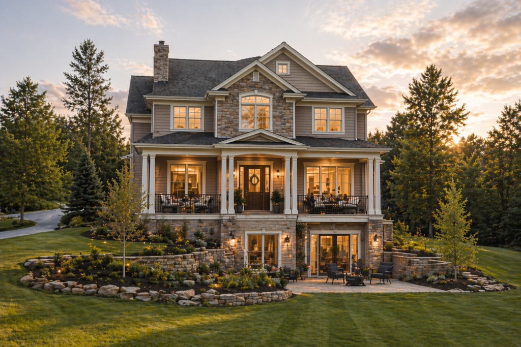Large three-story house with a stone facade, lit windows, and a landscaped yard at sunset