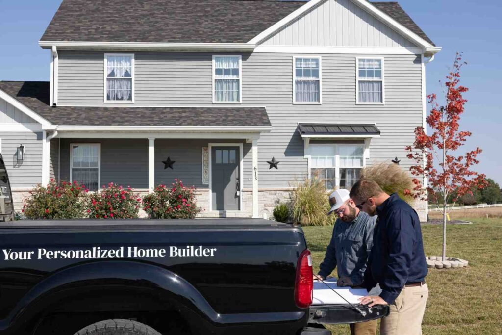 Two men reviewing plans beside a home builder truck in front of a house