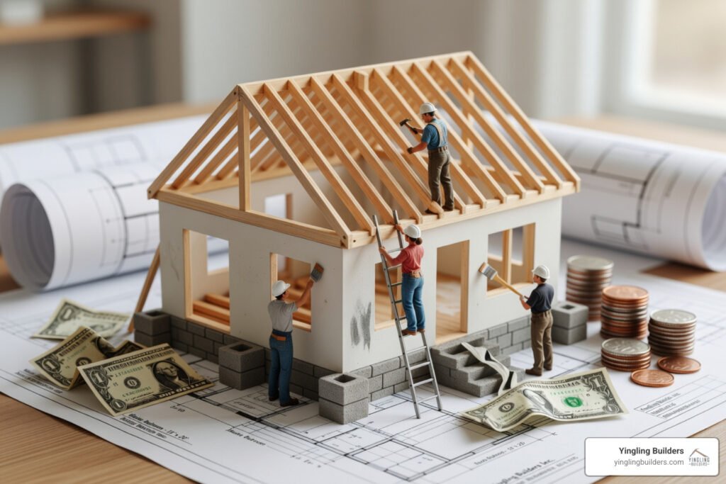 Construction workers building a house model on blueprints with money and coins nearby