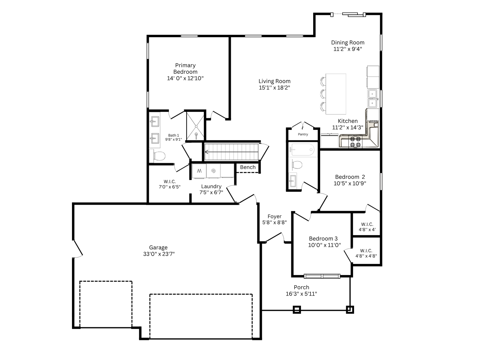 Floor plan showing a 3-bedroom home with living room, dining room, kitchen, laundry, garage, porch, and multiple walk-in closets